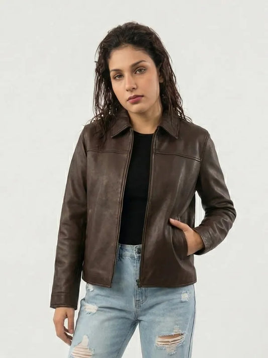Women’s brown leather jacket made from genuine leather with a stylish and comfortable everyday fit
