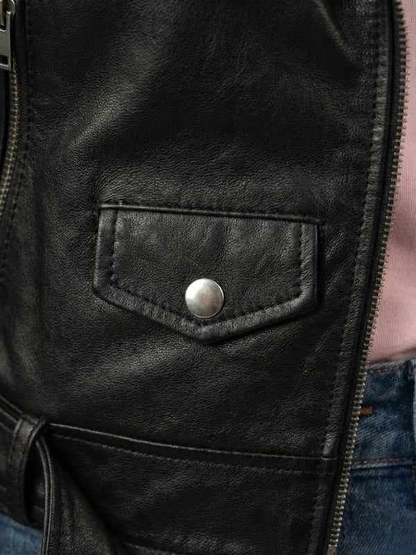 Womens Belted Biker Leather Jacket