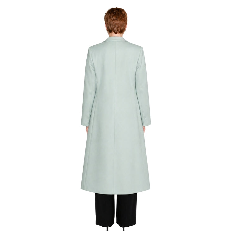 Light blue coat worn by a person on a white background