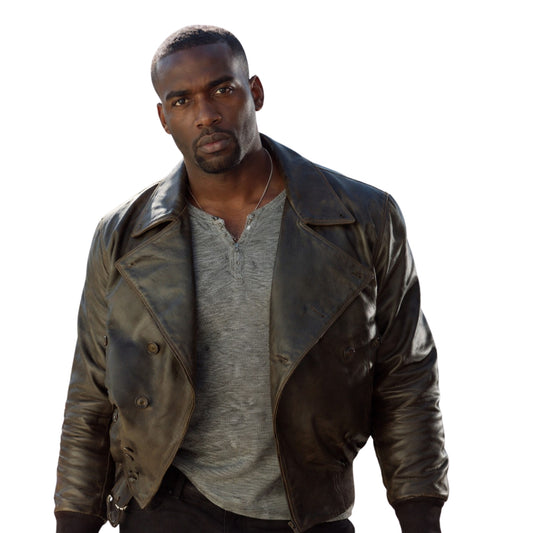 Man wearing a brown leather jacket over a gray shirt on a white background