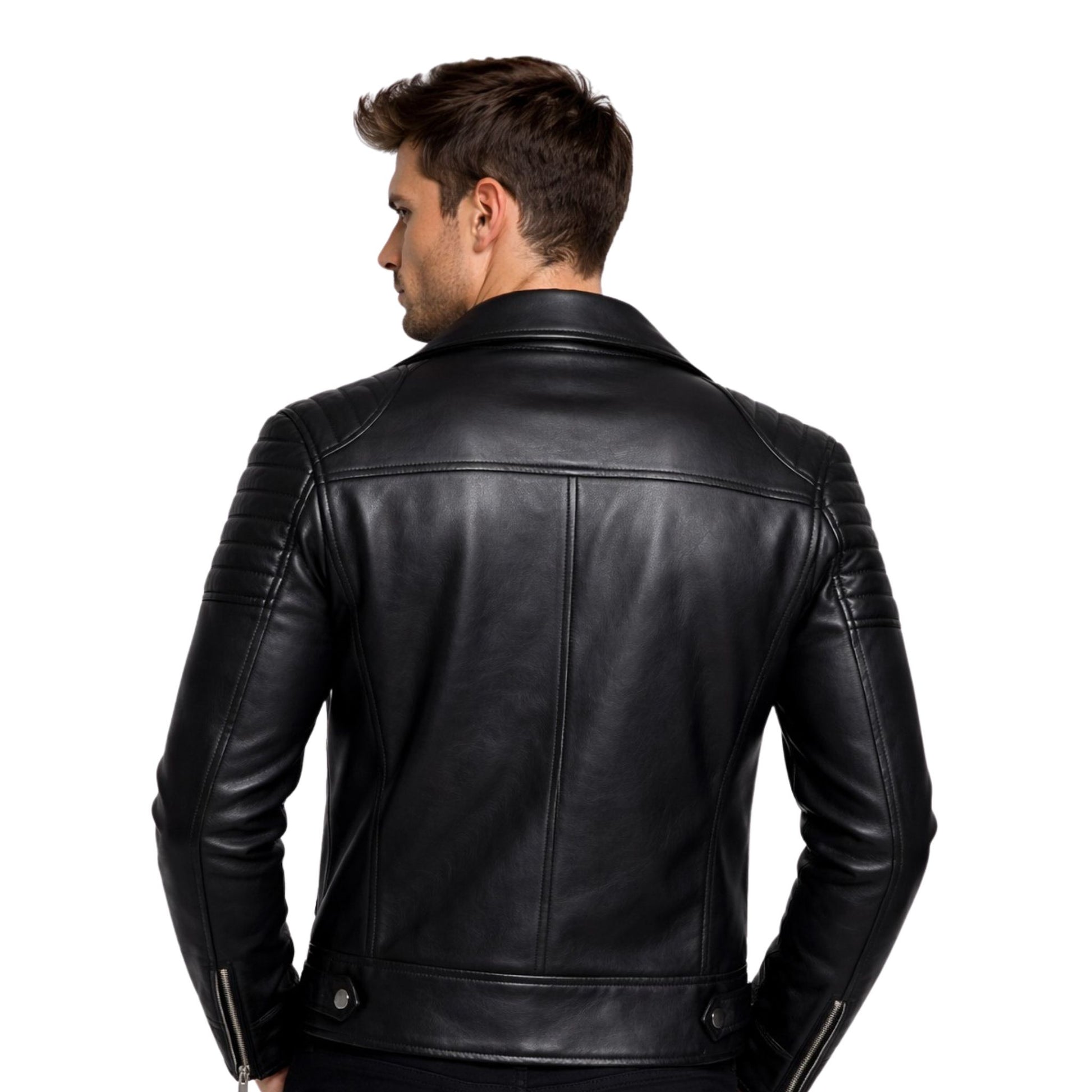 Man wearing a black leather jacket on a white background
