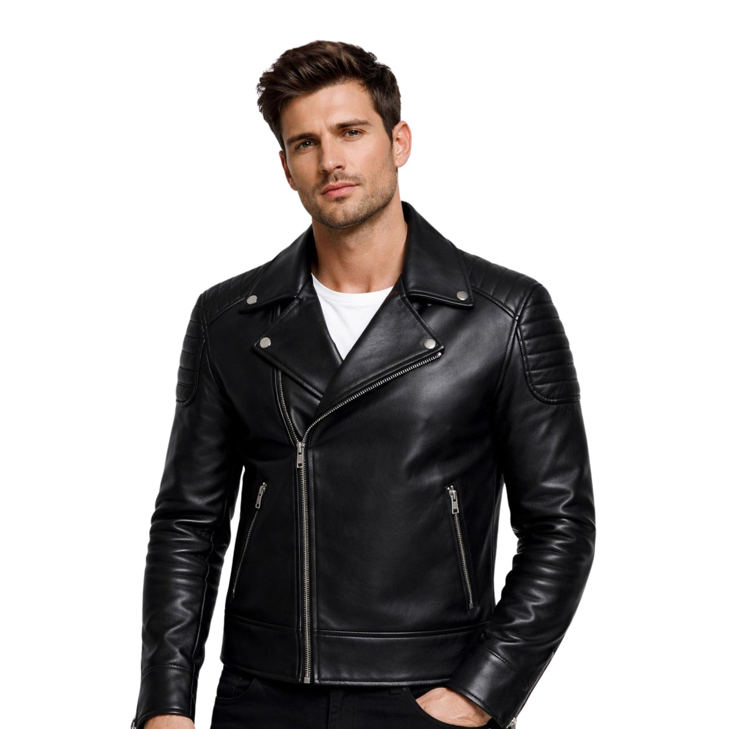 Man wearing a black leather jacket on a white background