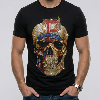 Black t-shirt with a colorful skull design and letter 'P' on a plain background