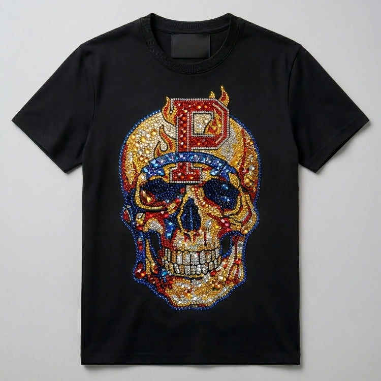 Black t-shirt with a colorful skull design and letter 'P' on a gray background