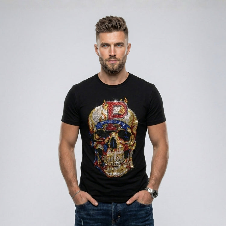 Man wearing a black t-shirt with a colorful skull design and letter 'P' on a plain background