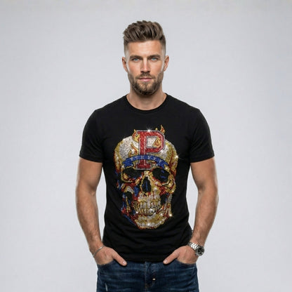 Man wearing a black t-shirt with a colorful skull design and letter 'P' on a plain background