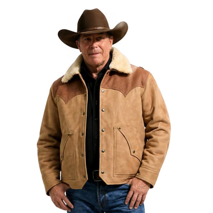 Man wearing a brown suede jacket with a fur-lined collar and a cowboy hat on a white background