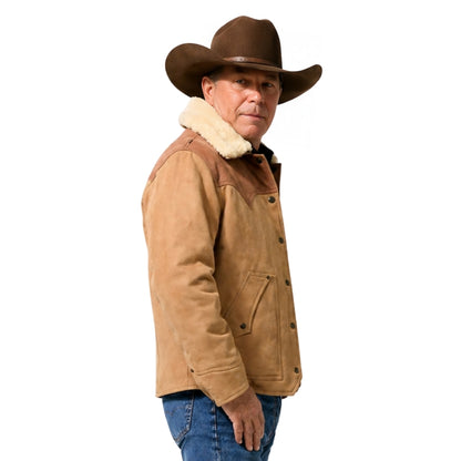 Man wearing a brown leather jacket with fur lining and a cowboy hat on a white background
