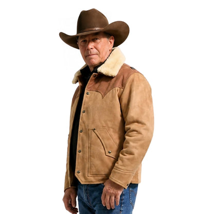 Man wearing a brown leather jacket with fur lining and a cowboy hat on a white background