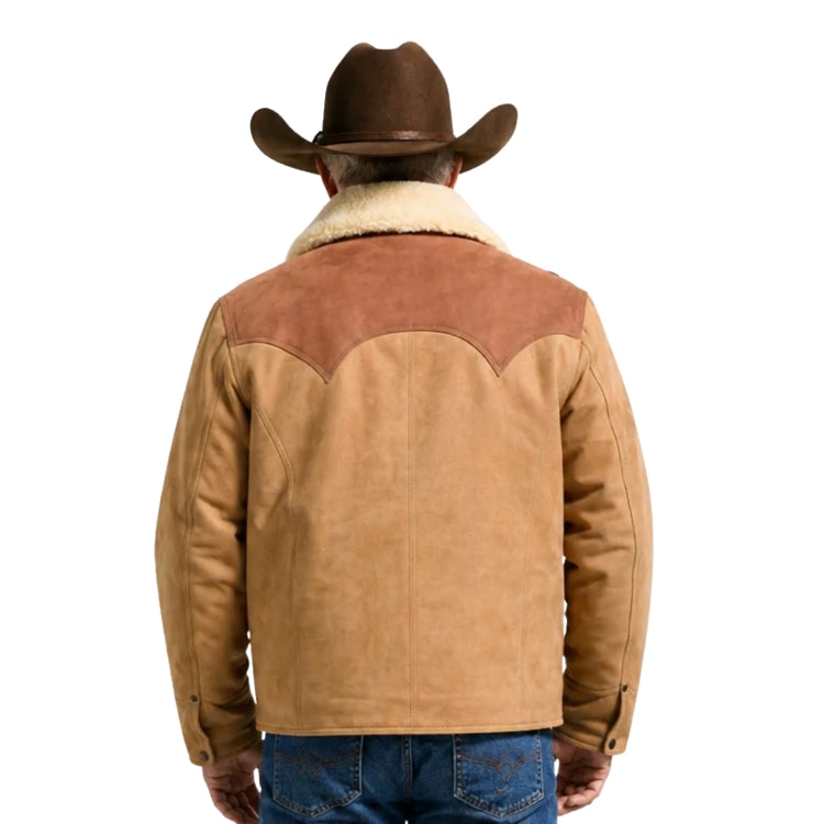Person wearing a brown leather jacket with a fur-lined hood and a cowboy hat on a white background