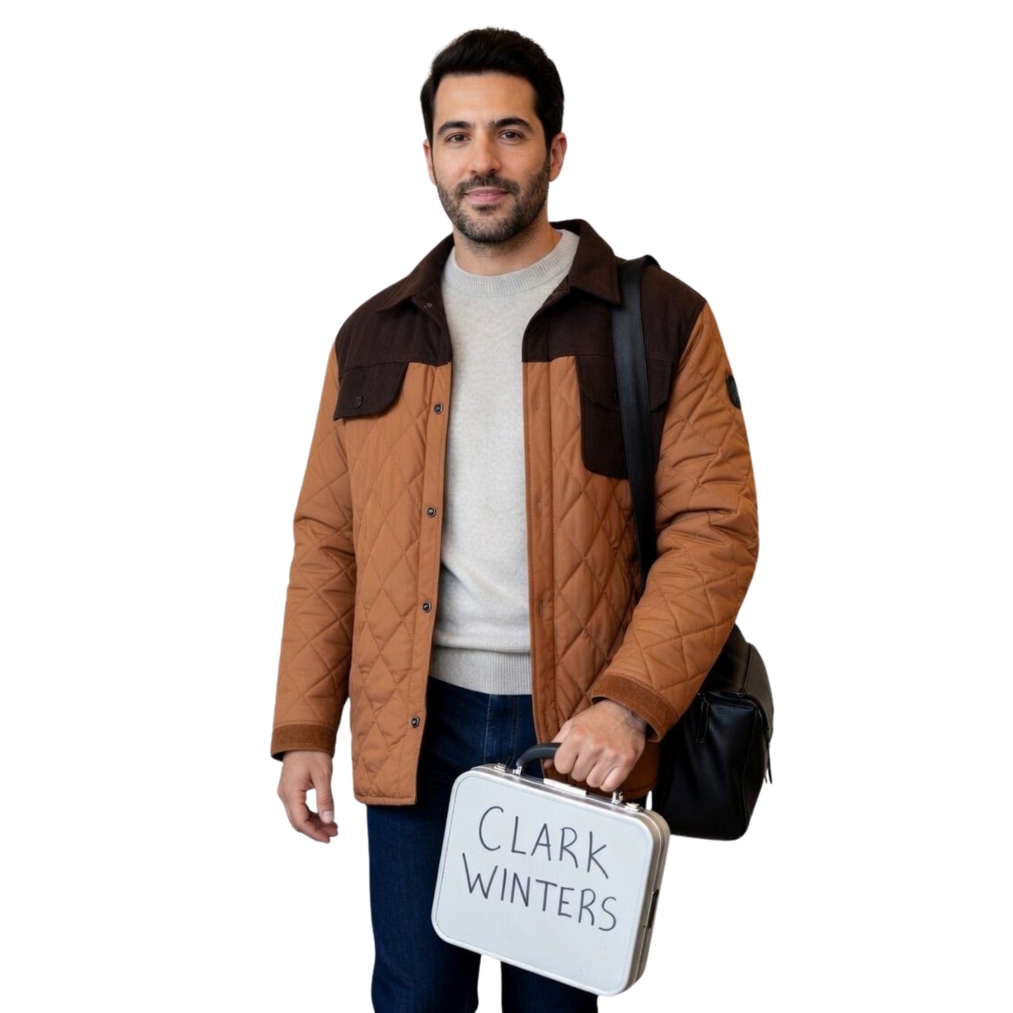 Man holding a suitcase with 'Clark Winters' on it against a white background