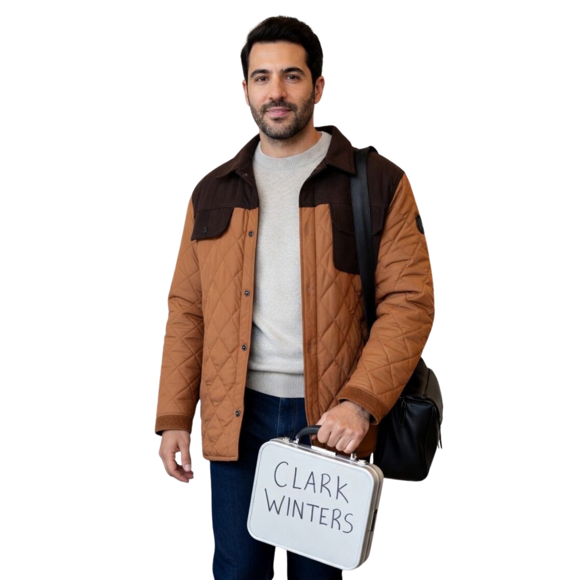 Man holding a suitcase with 'Clark Winters' on it against a white background