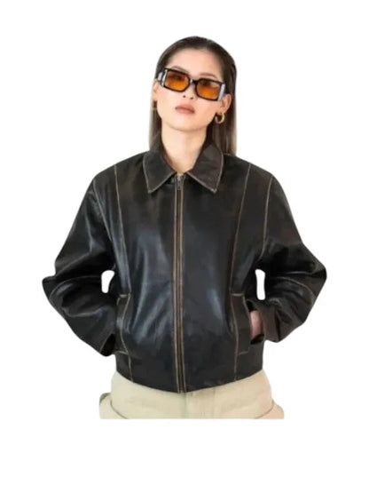 brown boxy leather jacket