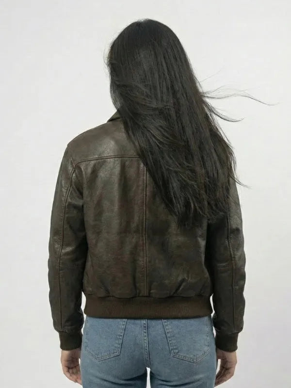 distressed leather jacket with vintage finish and oversized casual look