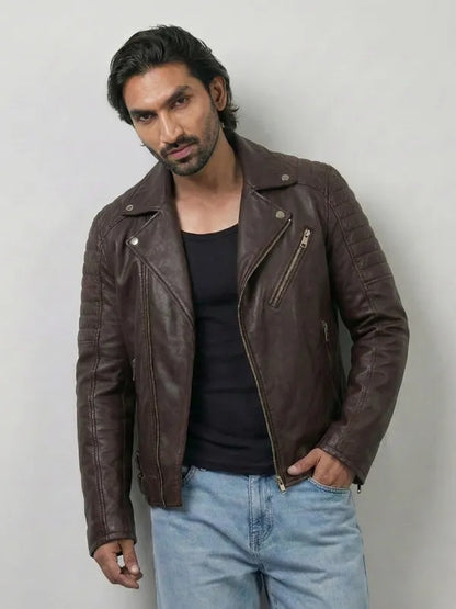 mens brown biker leather jacket with classic vintage motorcycle style