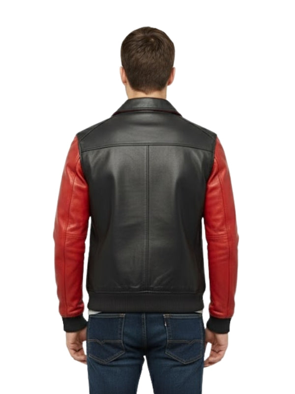 Man wearing a black leather vest with red sleeves on a white background