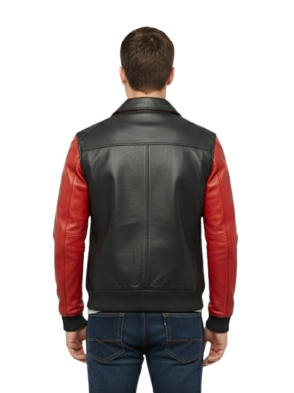 Man wearing a black leather vest with red sleeves on a white background