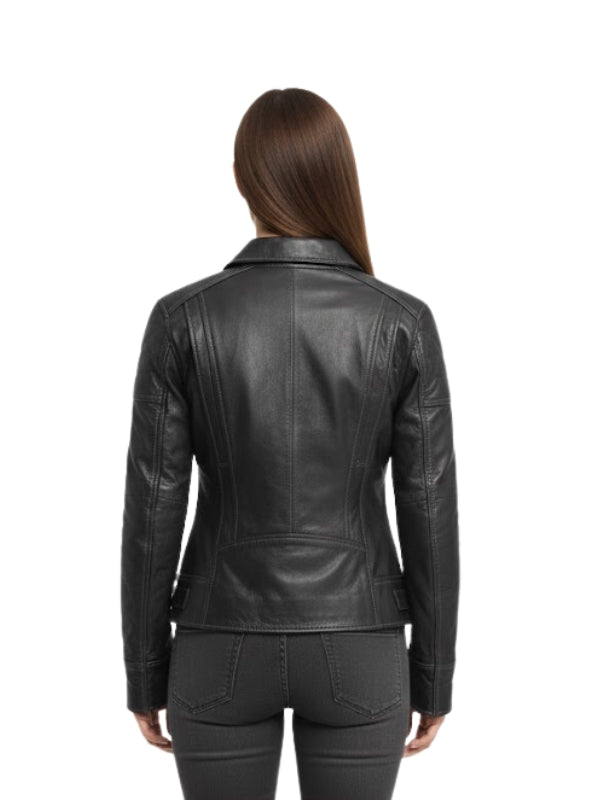 Black leather jacket worn by a person on a white background