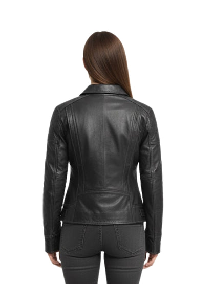 Black leather jacket worn by a person on a white background