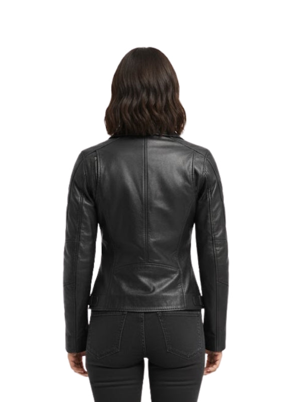 Black leather jacket worn by a person on a white background