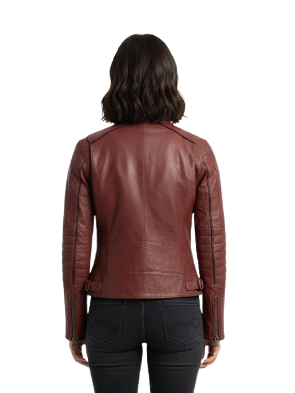 Brown leather jacket worn by a person on a white background