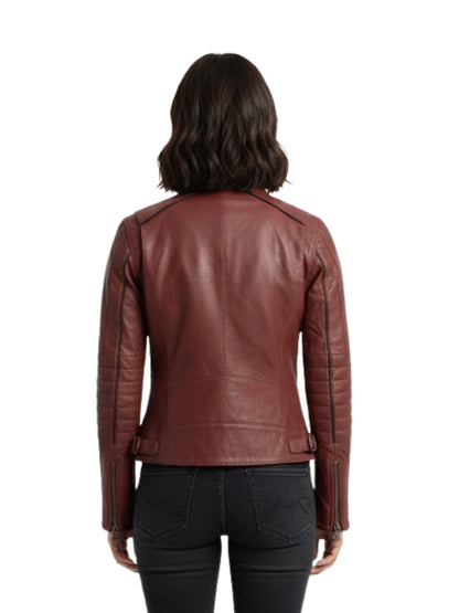 Brown leather jacket worn by a person on a white background