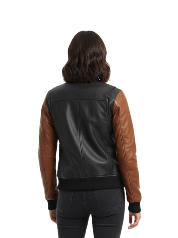 Black and brown leather jacket worn by a person on a white background