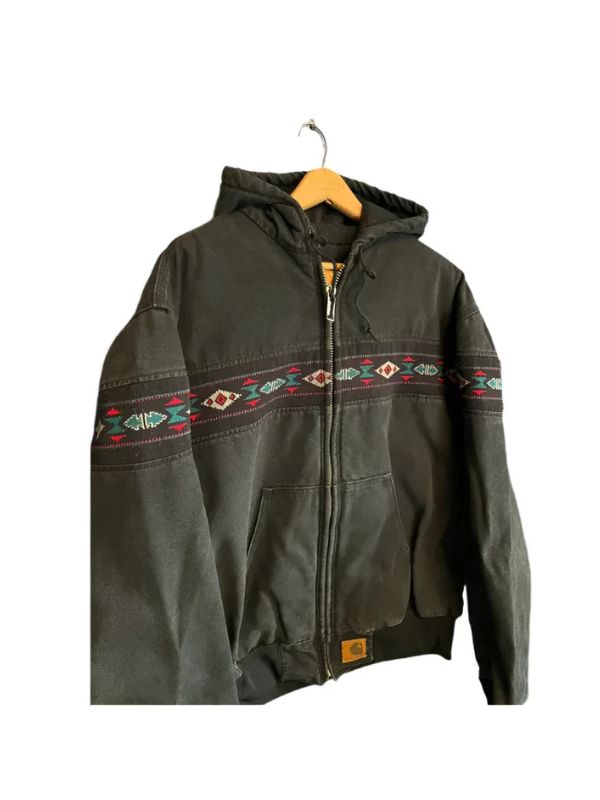 Women's Vintage 90s Real Cotton Aztec Pattern Canvas Zip Hooded Jacket
