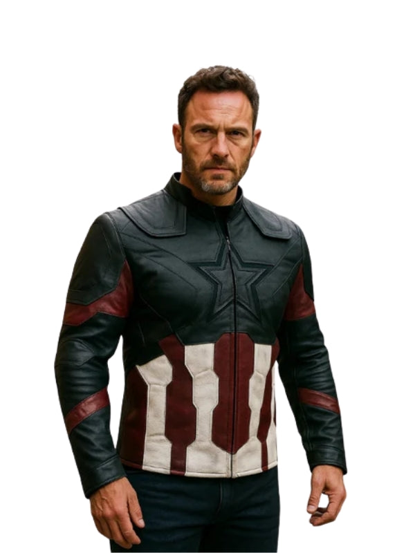 Person wearing a Captain America leather jacket on a white background