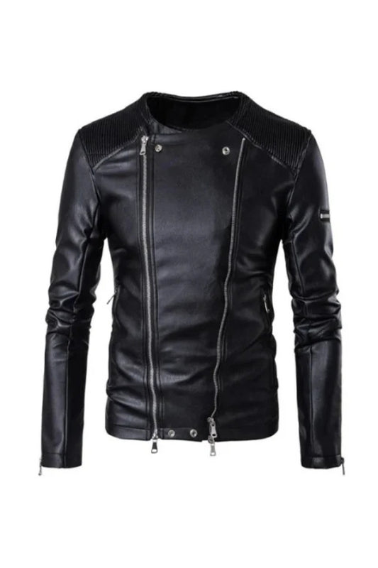 Men's Long Sleeves Multi-Zipper Black Sheepskin Biker Leather Jacket