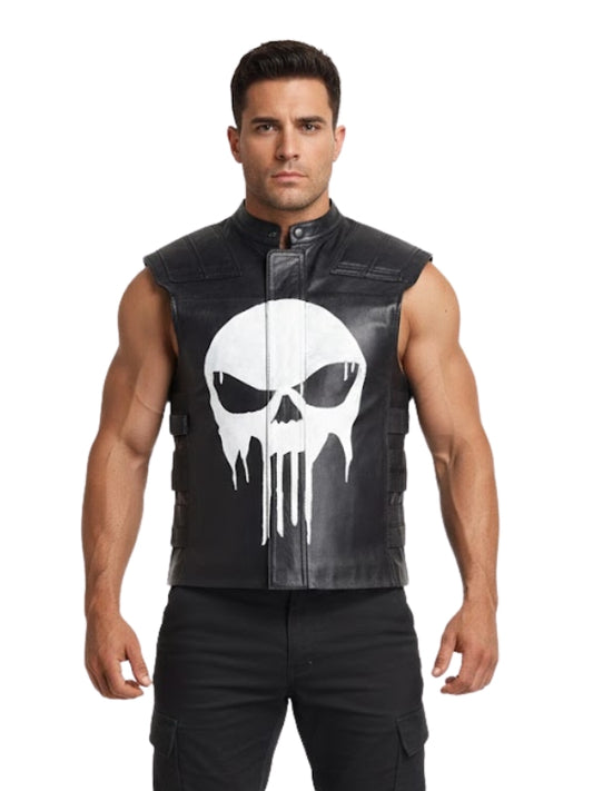 Man wearing a black sleeveless jacket with a white skull design on a white background