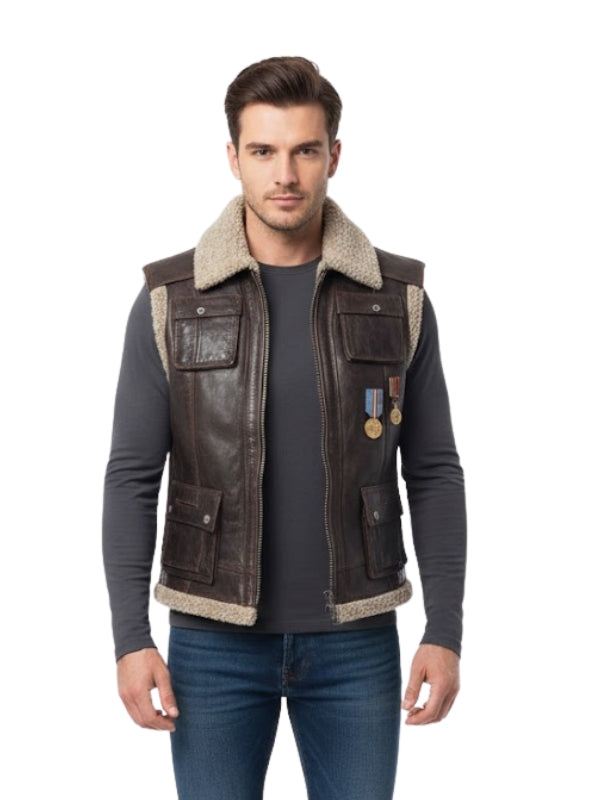 Man wearing a brown leather vest with fur trim on a white background