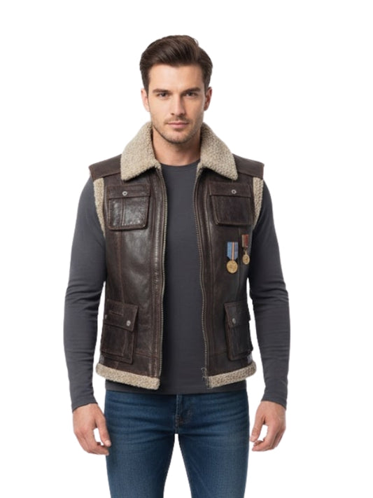 Man wearing a brown leather vest with fur trim on a white background