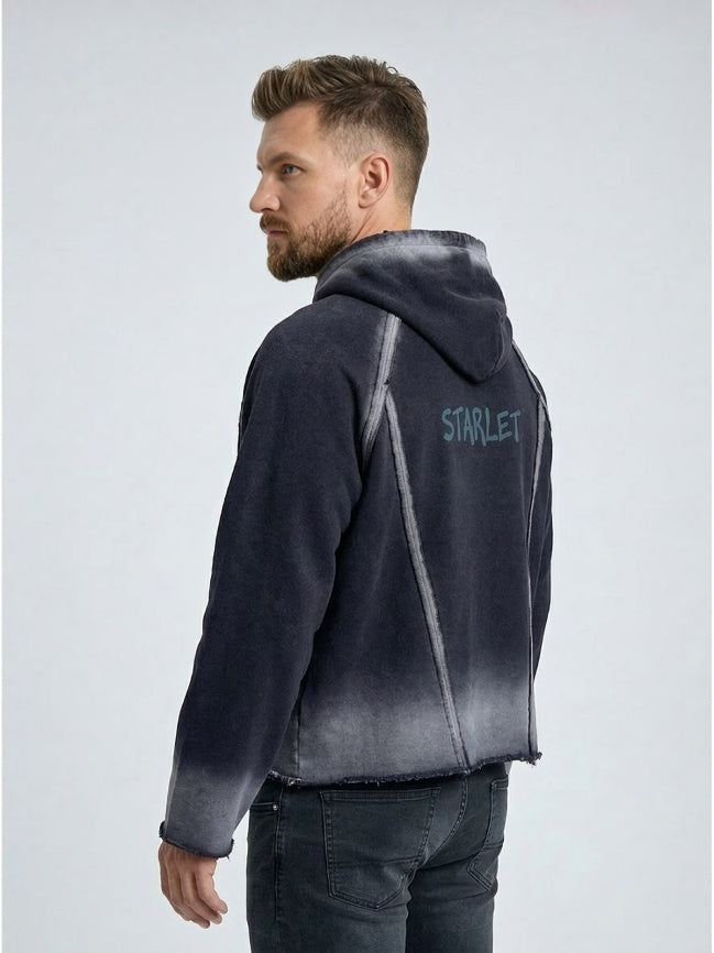 Man wearing a gray hoodie with 'STARLET' branding on a white background