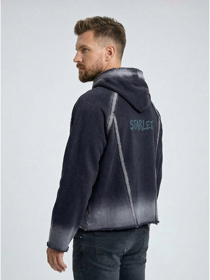 Man wearing a gray hoodie with 'STARLET' branding on a white background