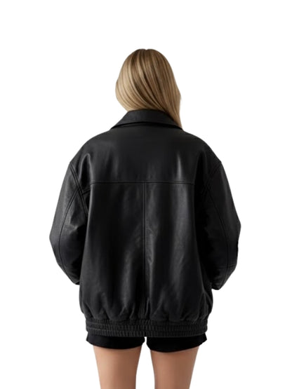 Women Black Classic Pure Leather Bomber Jacket
